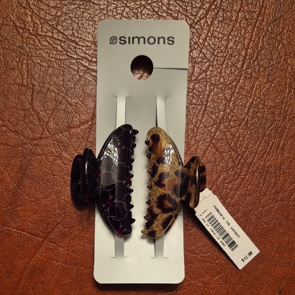 Leopard Print & Black Pattern 2 Pack Hair Clips from Simons, New With Tags